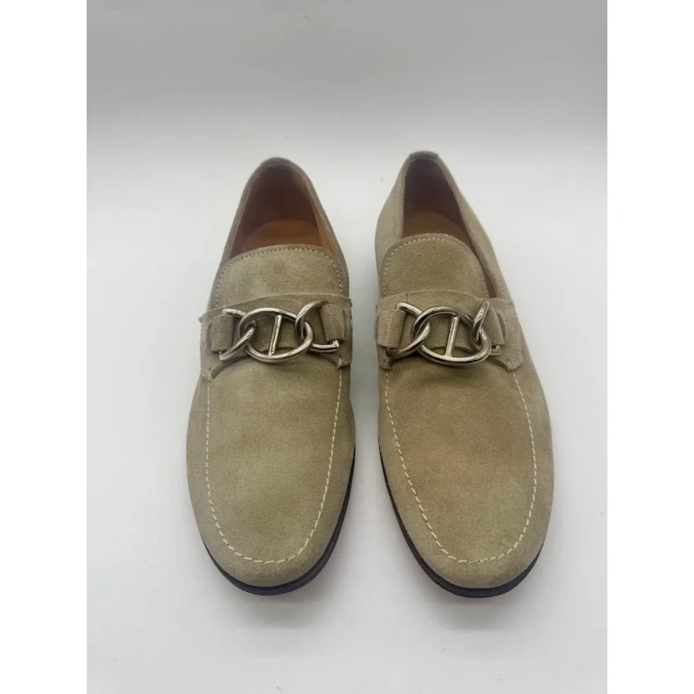 Prada Men Suede Loafers Taupe Grey Chain Detail Made in Italy 0950 5991 Size 6.5